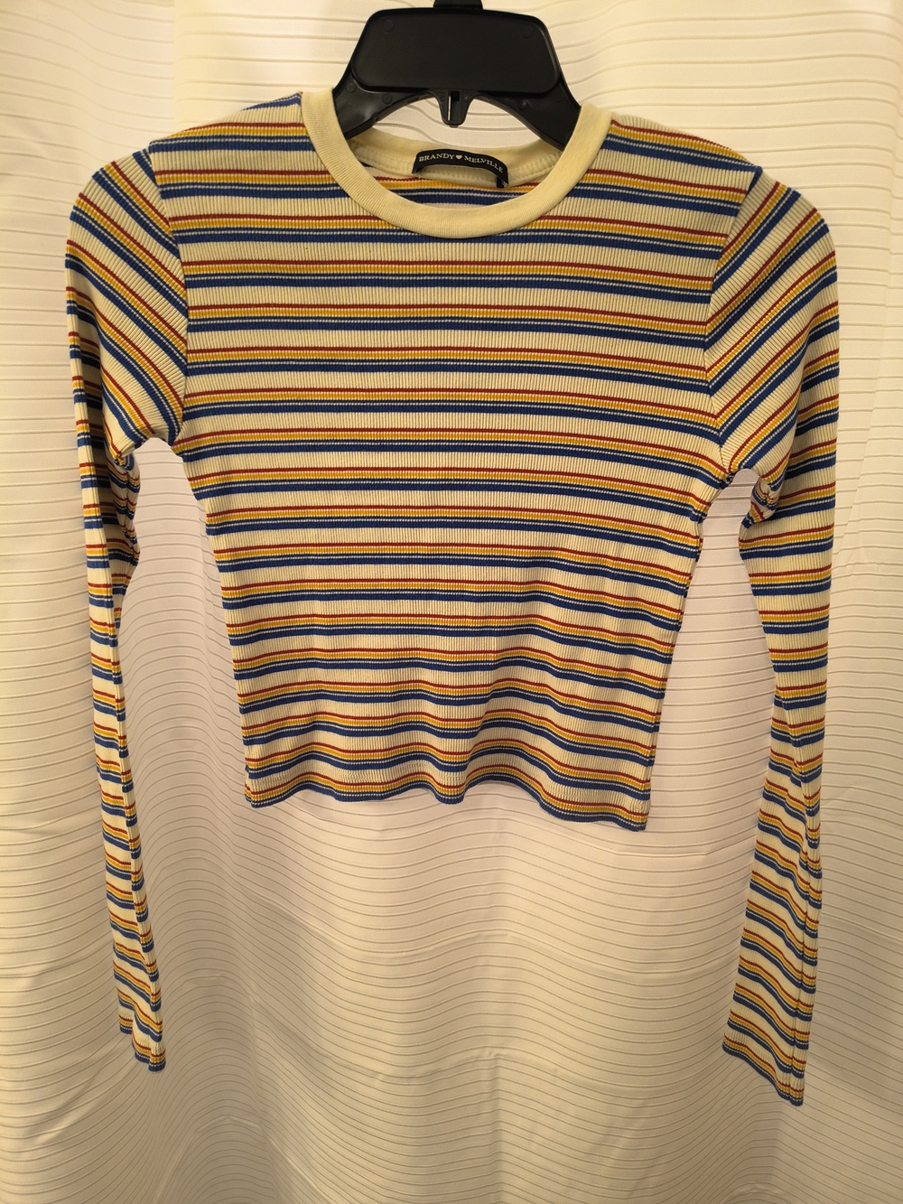 Brandy Melville Striped Ribbed Long-Sleeve Crop Top - Yellow, Blue, Cream